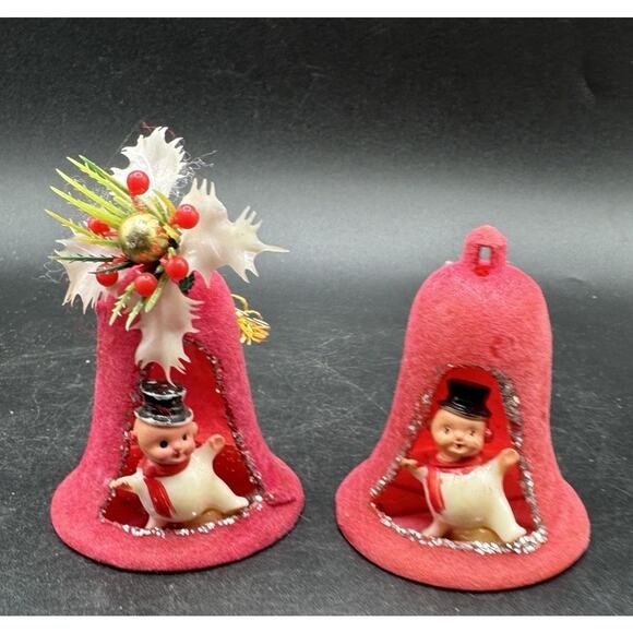 2 Vintage 1950’s Christmas Ornaments Flocked Bells With Baby New Year MCM -S1W - Picture 2 of 11